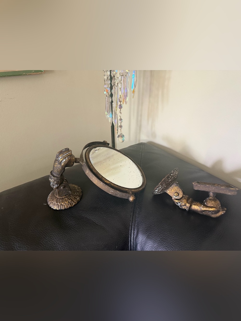 Antique bronze vanity set, mirror and soap holder, Victorian hands, great patina